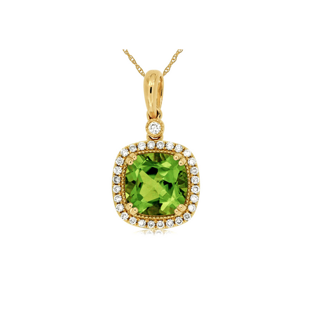 14K Yellow Gold 2.10ct Cushion Cut Peridot Necklace with Diamond Accent Halo & Milgrain Details. Bichsel Jewelry in Sedalia, MO. Shop gemstone styles online or in-store!