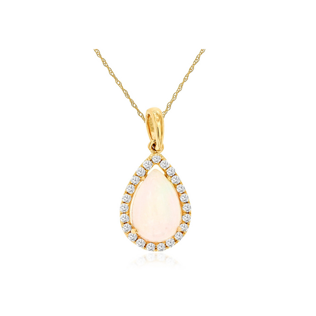 14K Yellow Gold 0.75ct Pear Shape Opal Pendant with Diamond Halo. Bichsel Jewelry in Sedalia, MO. Shop opal gemstone styles online or in-store today! 