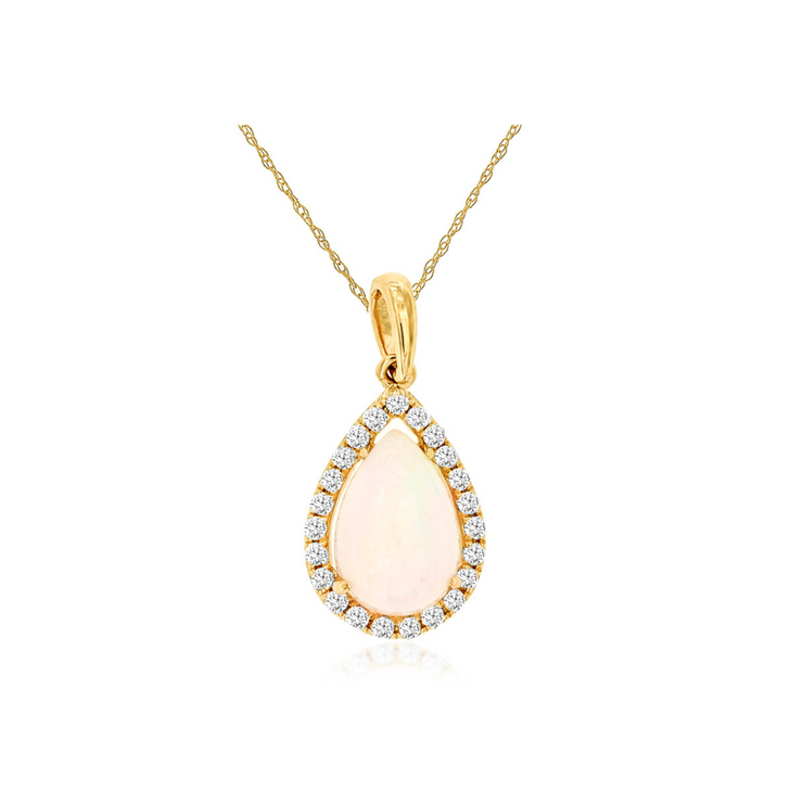 14K Yellow Gold 0.75ct Pear Shape Opal Pendant with Diamond Halo. Bichsel Jewelry in Sedalia, MO. Shop opal gemstone styles online or in-store today! 