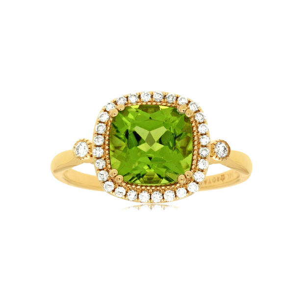 14K Yellow Gold 2.10ct Cushion Cut Peridot Ring with Diamond Accent Halo & Milgrain Details. Bichsel Jewelry in Sedalia, MO. Shop gemstone styles online or in-store!