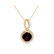 14K Yellow Gold 1.10ct Round Rhodolite Garnet Necklace with Diamond Swirl Halo. Bichsel Jewelry in Sedalia, MO. Shop gemstone styles online or in-store!