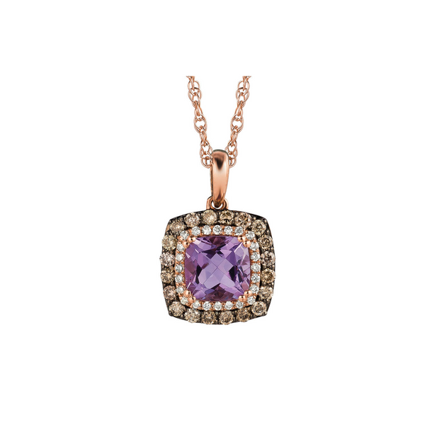 14K Rose Gold 0.95ct Amethyst Necklace with 0.33ct Mocha & White Diamond Double Halo. Bichsel Jewelry in Sedalia, MO. Shop gemstones online or in-store! 