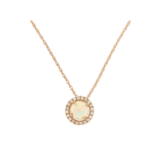 14K Rose Gold 0.30ct Round Opal Pendant with Diamond Halo. Bichsel Jewelry in Sedalia, MO. Shop opal gem styles online or in-store today! 