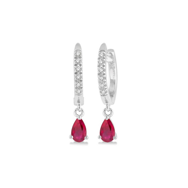 10K White Gold Diamond Huggie Hoop Earrings with Petite Pear Shape Ruby Dangles. Bichsel Jewelry in Sedalia, MO. Shop gemstone hoops online or in-store!