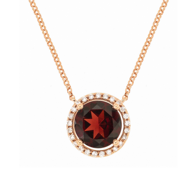 14K Rose Gold 2.40ct Round Garnet Necklace with Diamond Swirl Halo. Bichsel Jewelry in Sedalia, MO. Shop gemstone styles online or in-store!