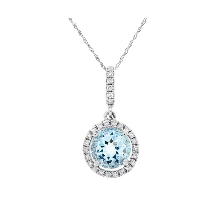 14K White Gold Round 1.00ct Blue Topaz Necklace with Diamond Halo & Bail. Bichsel Jewelry in Sedalia, MO. Shop gemstone styles online or in-store!