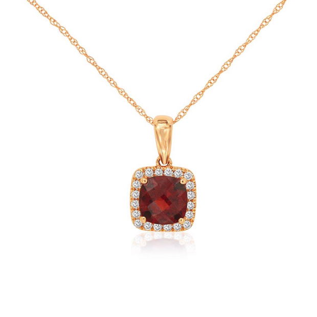 14K Rose Gold 1.20ct Cushion Cut Rhodolite Garnet Necklace with Diamond Halo. Bichsel Jewelry in Sedalia, MO. Shop gemstone styles online or in-store!