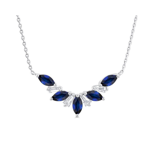 14K White Gold Floral-Inspired Marquise Sapphire & Baguette Diamond Curved Necklace. Bichsel Jewelry in Sedalia, MO. Shop gemstone styles online or in-store today!