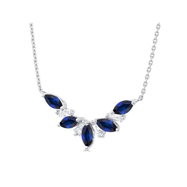 14K White Gold Floral-Inspired Marquise Sapphire & Baguette Diamond Curved Necklace. Bichsel Jewelry in Sedalia, MO. Shop gemstone styles online or in-store today!