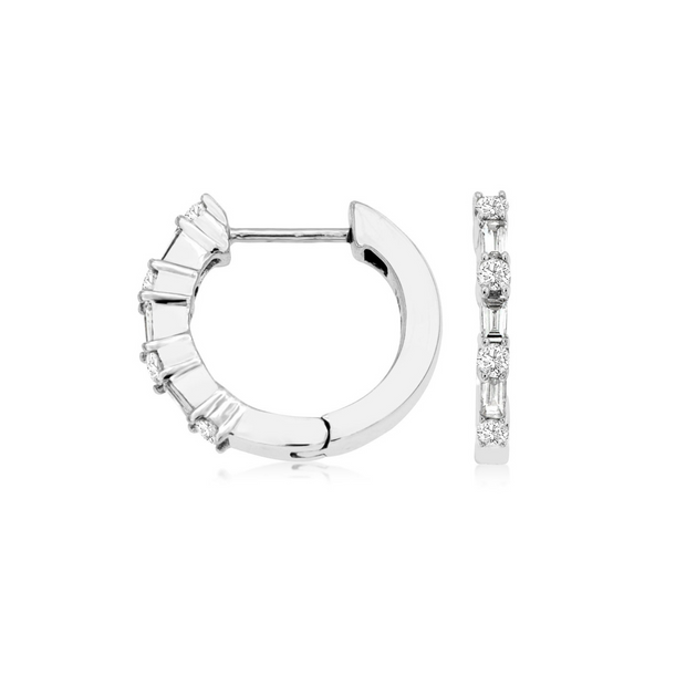 14K White Gold 0.38ct Baguette & Round Diamond Huggie Hoop Earrings. Bichsel Jewelry in Sedalia, MO. Shop diamond jewelry online or in-store today!