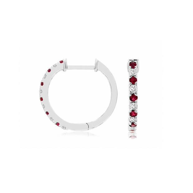 14K White Gold Alternating Round Ruby & Diamond Hoop Earrings. Bichsel Jewelry in Sedalia, MO. Shop gemstone earrings online or in-store! 