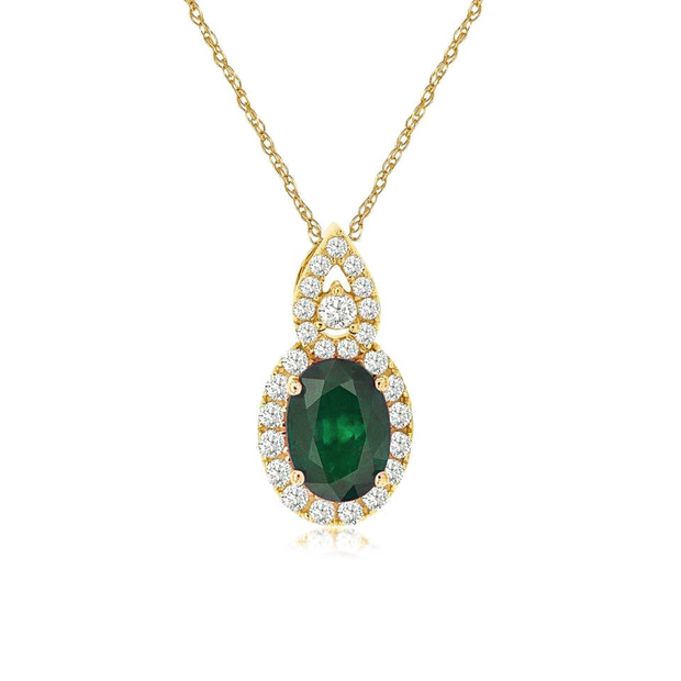 14K Yellow Gold 0.80ct Oval Emerald Pendant with Diamond Halo & Pear Shape Diamond Bail. Bichsel Jewelry in Sedalia, MO. Shop gemstone styles online or in-store! 