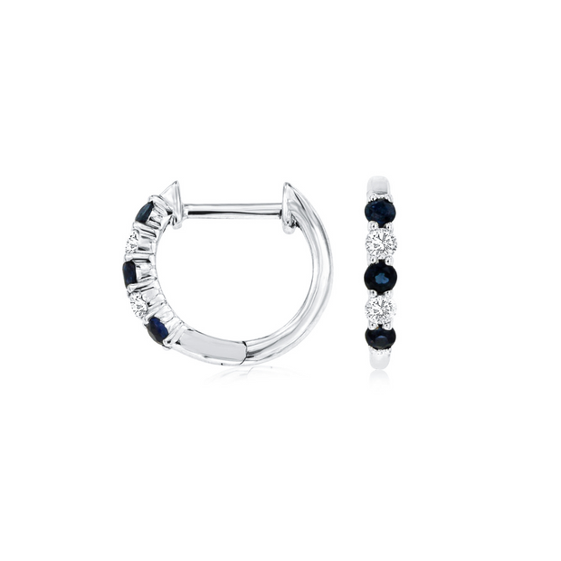 14K White Gold Alternating Round Blue Sapphire & Diamond Mini Hoop Earrings. Bichsel Jewelry in Sedalia, MO. Shop gemstone earrings online or in-store! 