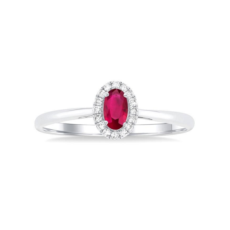 10K White Gold 5x3mm Petite Oval Ruby Ring with Diamond Halo. Bichsel Jewelry in Sedalia, MO. Shop gemstone styles online or in-store today!