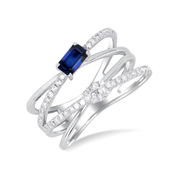 14K White Gold Emerald Cut Sapphire & 0.25ct Oval Diamond Cluster Split-Shank Double Band Ring. Bichsel Jewelry in Sedalia, MO. Shop online or in-store today!