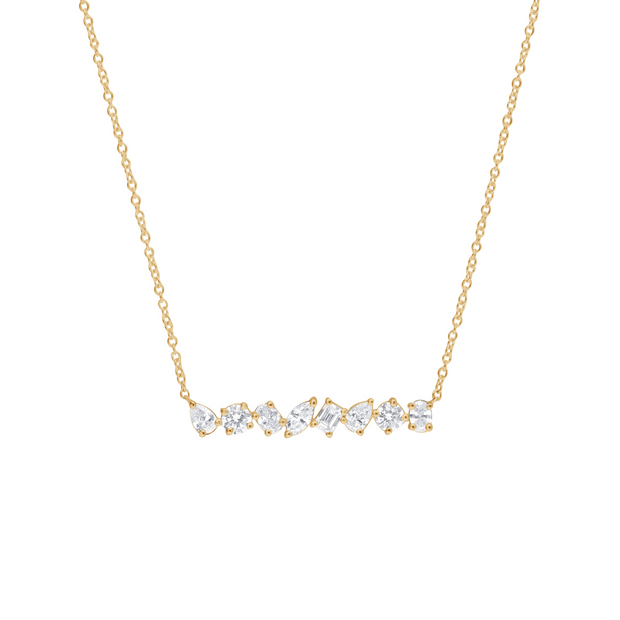 14K Yellow Gold Mixed Shape 1.01ct Lab Grown Diamond Bar Necklace with Pear, Round, Oval, Marquise, Baguette Diamonds. Bichsel Jewelry in Sedalia, MO.