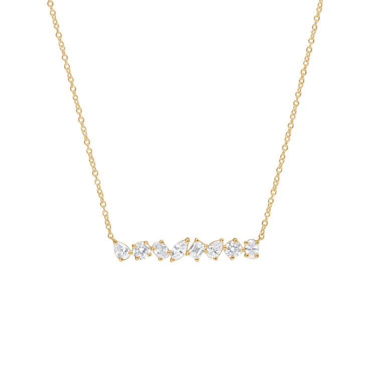 14K Yellow Gold Mixed Shape 1.01ct Lab Grown Diamond Bar Necklace with Pear, Round, Oval, Marquise, Baguette Diamonds. Bichsel Jewelry in Sedalia, MO.