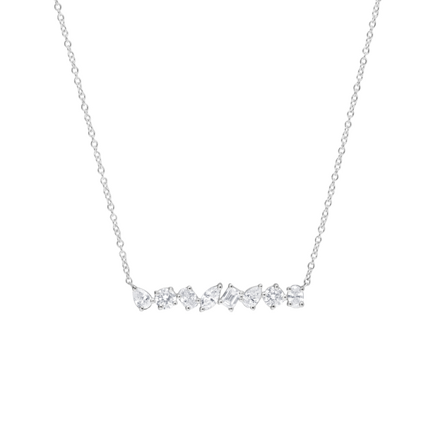 14K White Gold Mixed Shape 1.01ct Lab Grown Diamond Bar Necklace with Pear, Round, Oval, Marquise, Baguette Diamonds. Bichsel Jewelry in Sedalia, MO.