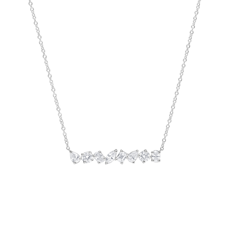 14K White Gold Mixed Shape 1.01ct Lab Grown Diamond Bar Necklace with Pear, Round, Oval, Marquise, Baguette Diamonds. Bichsel Jewelry in Sedalia, MO.