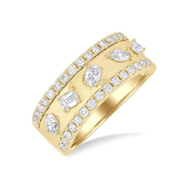 14K Yellow Gold 0.95ct Mixed Shape Five-Stone Diamond Ring with 2 Rows of Round Accent Diamonds. Bichsel Jewelry in Sedalia, MO. Shop online or in-store today!