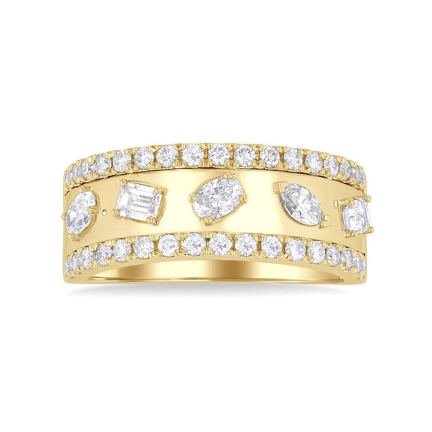 14K Yellow Gold 0.95ct Mixed Shape Five-Stone Diamond Ring with 2 Rows of Round Accent Diamonds. Bichsel Jewelry in Sedalia, MO. Shop online or in-store today!