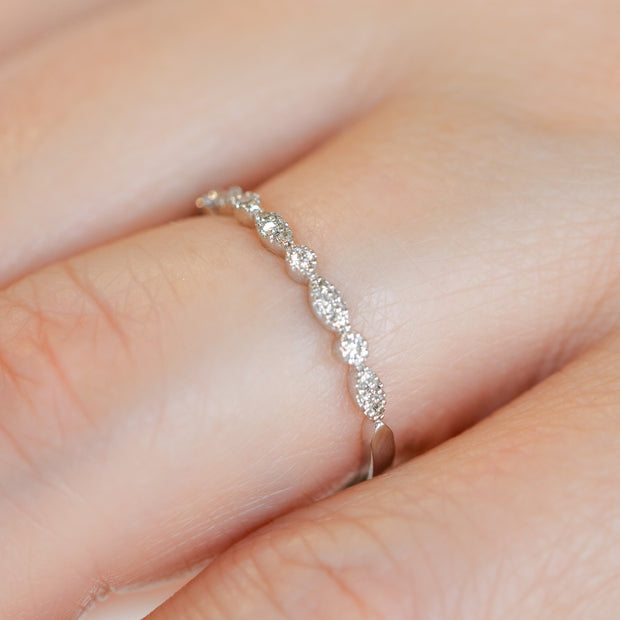 14K White Gold Dainty Marquise & Round Shape Diamond Cluster Band. Bichsel Jewelry in Sedalia, MO. Shop stackable rings and wedding bands online or in-store today!