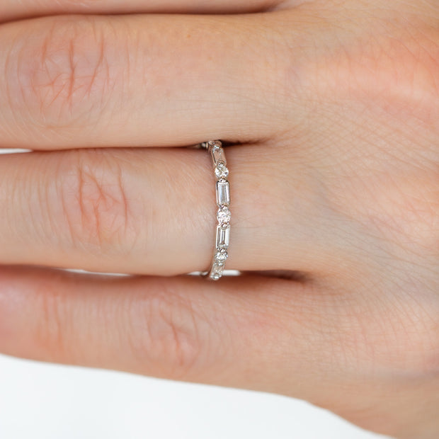 14K White Gold 0.35ct Single Prong Alternating Baguette & Round Diamond Band. Bichsel Jewelry in Sedalia, MO. Shop stackable rings and wedding bands online or in-store.