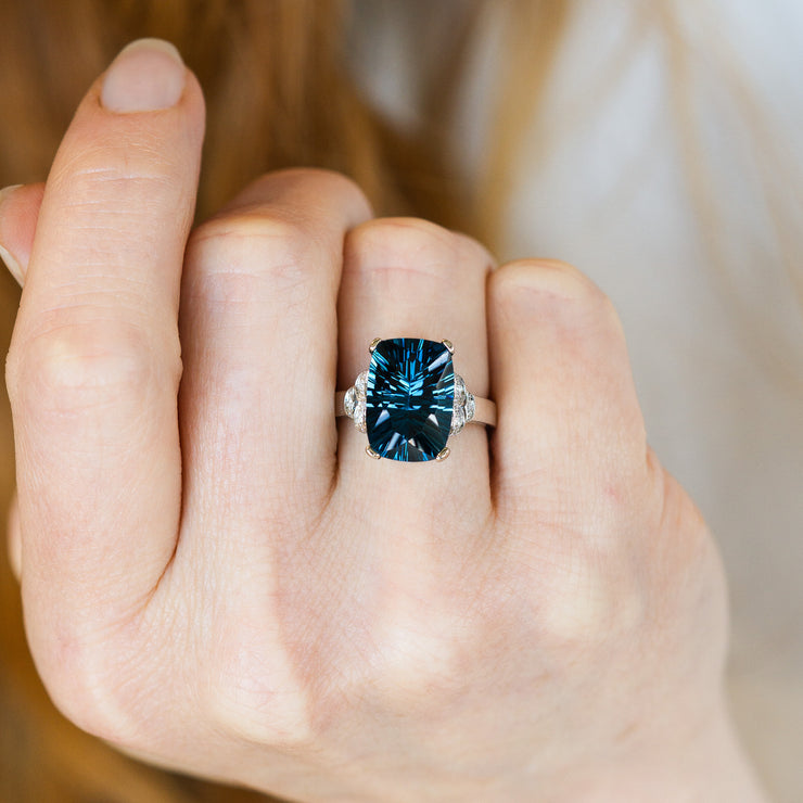 14K White Gold 7.20ct Unique Fantasy Cut London Blue Topaz Ring with Diamond Accents. Bichsel Jewelry in Sedalia, MO. Shop gemstone rings online or in-store today!