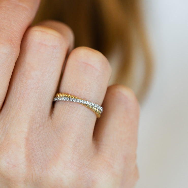 14K Yellow Gold Criss-Cross Ribbed Twist 0.36ct Stacked Round Diamond Ring. Bichsel Jewelry in Sedalia, MO. Shop ring styles online or in-store today!