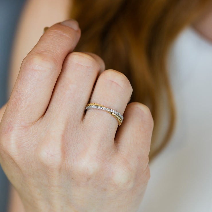 14K Yellow Gold Criss-Cross Ribbed Twist 0.36ct Stacked Round Diamond Ring. Bichsel Jewelry in Sedalia, MO. Shop ring styles online or in-store today!