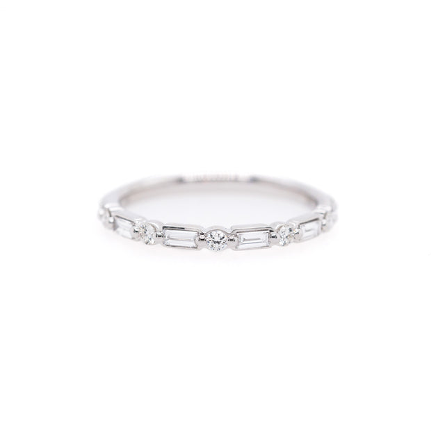 14K White Gold 0.35ct Single Prong Alternating Baguette & Round Diamond Band. Bichsel Jewelry in Sedalia, MO. Shop stackable rings and wedding bands online or in-store.