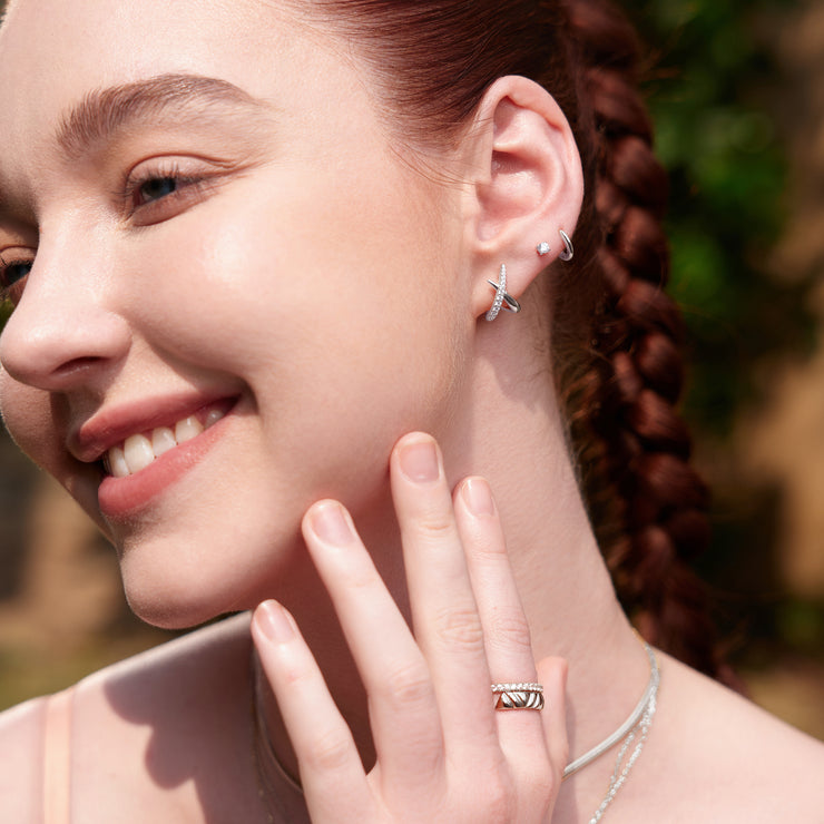 Silver Criss-Cross Polished Pavé Stud Earrings. 925 sterling silver with CZ stones. Bichsel Jewelry in Sedalia, MO. Shop online or in-store today!