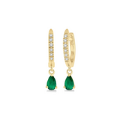 10K Yellow Gold Diamond Huggie Hoop Earrings with Petite Pear Shape Emerald Dangles. Bichsel Jewelry in Sedalia, MO. Shop gemstone hoops online or in-store!