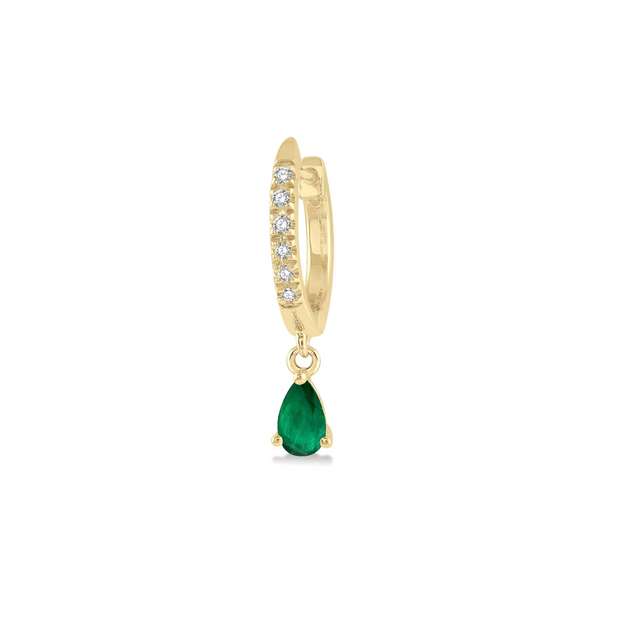 10K Yellow Gold Diamond Huggie Hoop Earrings with Petite Pear Shape Emerald Dangles. Bichsel Jewelry in Sedalia, MO. Shop gemstone hoops online or in-store!