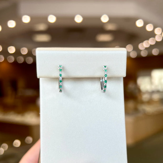 14K White Gold Alternating Round Emerald & Diamond Hoop Earrings. Bichsel Jewelry in Sedalia, MO. Shop gemstone earrings online or in-store! 