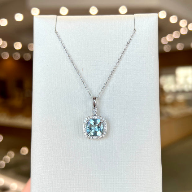 14K White Gold 1.90ct Cushion Cut Aquamarine Necklace with Diamond Halo. Bichsel Jewelry in Sedalia, MO. Shop gemstones online or in-store! 
