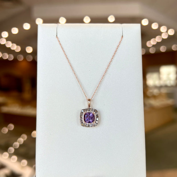 14K Rose Gold 0.95ct Amethyst Necklace with 0.33ct Mocha & White Diamond Double Halo. Bichsel Jewelry in Sedalia, MO. Shop gemstones online or in-store! 