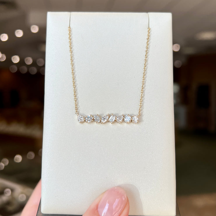 14K Yellow Gold Mixed Shape 1.01ct Lab Grown Diamond Bar Necklace with Pear, Round, Oval, Marquise, Baguette Diamonds. Bichsel Jewelry in Sedalia, MO.