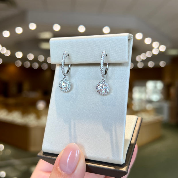 14K White Gold Lab Grown Diamond Huggie Hoop Earrings with 1ct Round Halo Dangles. Bichsel Jewelry in Sedalia, MO. Shop online or in-store!