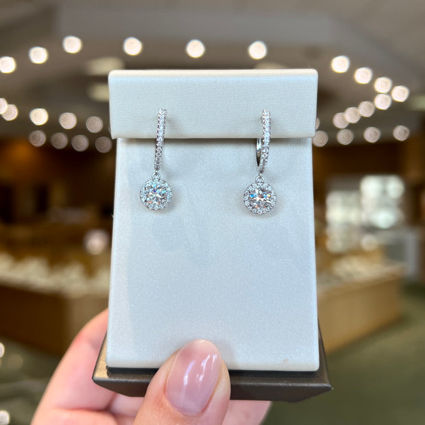 14K White Gold Lab Grown Diamond Huggie Hoop Earrings with 1ct Round Halo Dangles. Bichsel Jewelry in Sedalia, MO. Shop online or in-store!