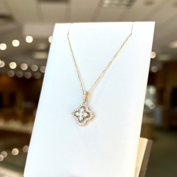 14K Yellow Gold 0.50ct Diamond Clover Necklace with Diamond Halo & Bail. Bichsel Jewelry in Sedalia, MO. Shop online or in-store today!