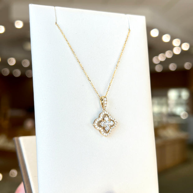 14K Yellow Gold 0.50ct Diamond Clover Necklace with Diamond Halo & Bail. Bichsel Jewelry in Sedalia, MO. Shop online or in-store today!