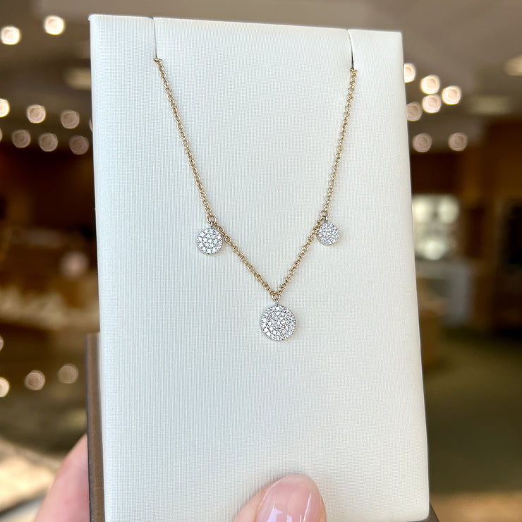 14K Yellow Gold Necklace with Three Round 0.16ct Diamond Cluster Dangles. Bichsel Jewelry in Sedalia, MO. Shop online or in-store today!