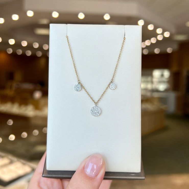 14K Yellow Gold Necklace with Three Round 0.16ct Diamond Cluster Dangles. Bichsel Jewelry in Sedalia, MO. Shop online or in-store today!