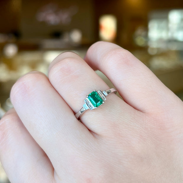 14K White Gold Art Deco-Inspired 0.55ct Emerald Ring with Baguette Bezel-Set Accent Diamonds. Bichsel Jewelry in Sedalia, MO. Shop online or in-store today!