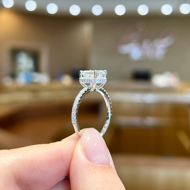 14K White Gold 2.10ct Emerald Cut Lab Grown Diamond Halo Engagement Ring with Hidden Halo & Diamond Accent Band. Bichsel Jewelry in Sedalia, MO. Shop online or in-store today!