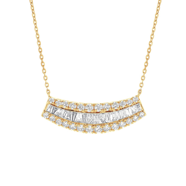 14K Yellow Gold 0.71ct Curved Three Row Round & Baguette Lab Grown Diamond Pendant. Bichsel Jewelry in Sedalia, MO. Shop diamond jewelry online or in-store today!