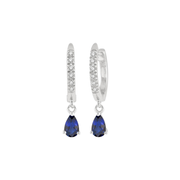 10K White Gold Diamond Huggie Hoop Earrings with Petite Pear Shape Sapphire Dangles. Bichsel Jewelry in Sedalia, MO. Shop gemstone hoops online or in-store!