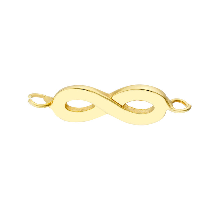 Yellow Gold Horizontal Infinity Charm for Permanent Bracelets. Book your permanent jewelry appointment to get it welded on to the gold chain of your choice! Bichsel Jewelry in Sedalia, MO.