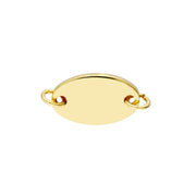 Yellow Gold Horizontal Oval Disc Charm for Permanent Bracelets. Book your permanent jewelry appointment to get it welded on to the gold chain of your choice! Bichsel Jewelry in Sedalia, MO.